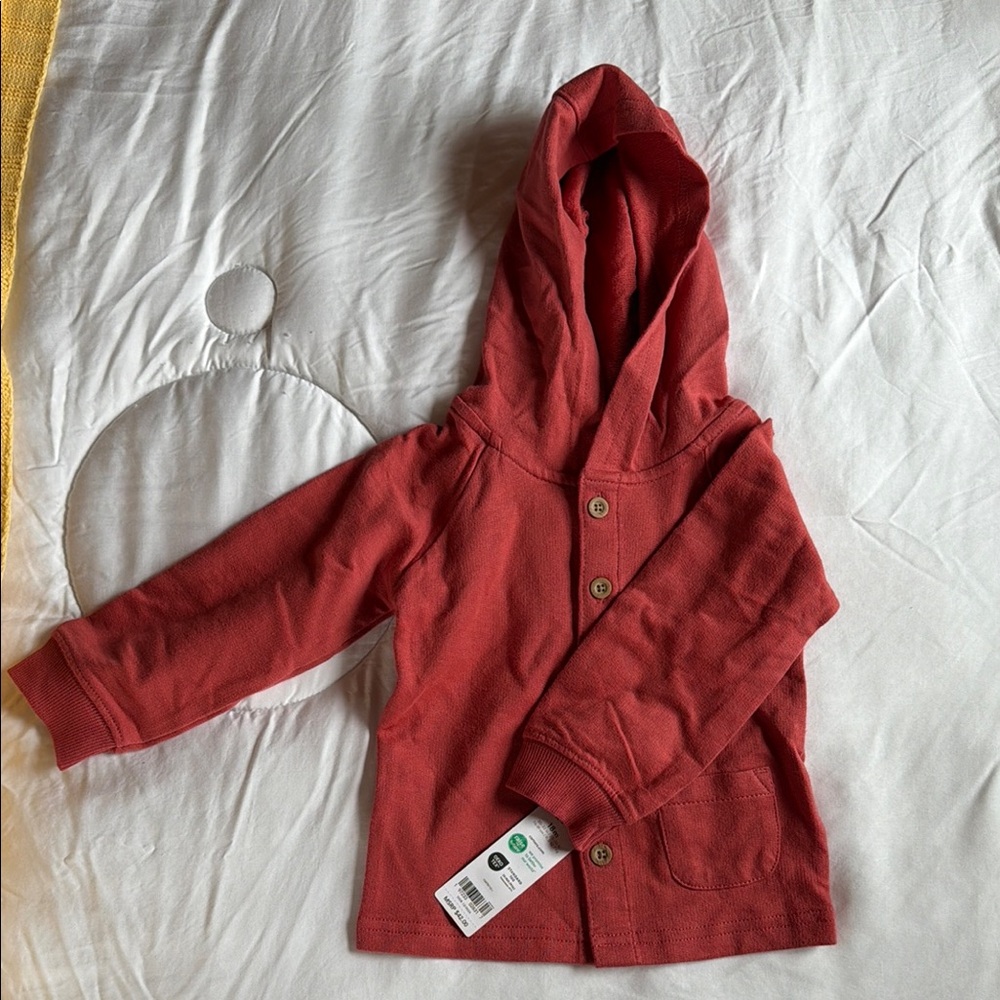 Red Hooded Cardigan with Buttons